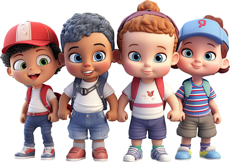 3d cartoon group of little children on transparent 3