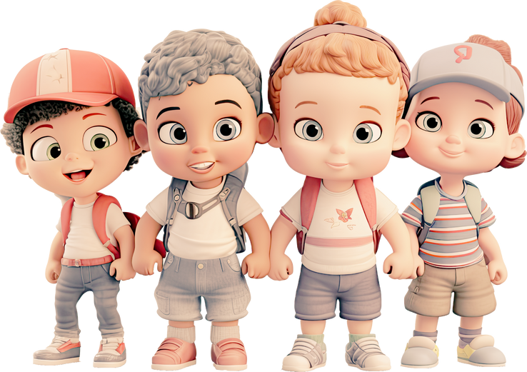 3d cartoon group of little children on transparent 3